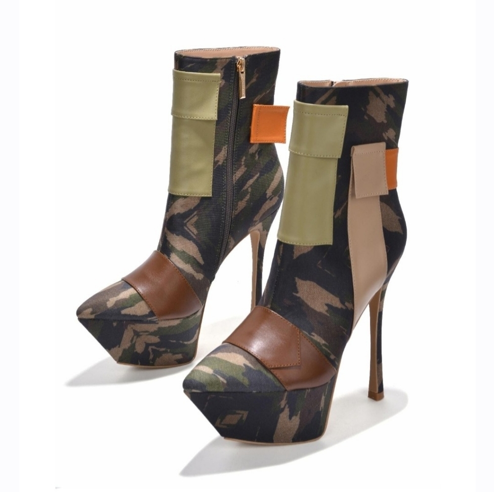 Cape Robbin Camouflage Platform Ankle Booties with Olive, Brown & Tan Accents